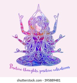 Ornament Beautiful Card With Vector Yoga Pose. Element Hand Drawn. Balance Karma Medallion Yoga India Arabic Harmony Spiritual, Mental And Physical Practices In The Areas Of Hinduism And Buddhism