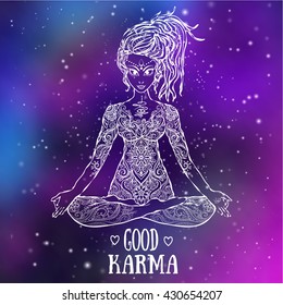 Ornament beautiful card with Vector yoga. Geometric element hand drawn. Kaleidoscope,  medallion, yoga, india, arabic, peace, love