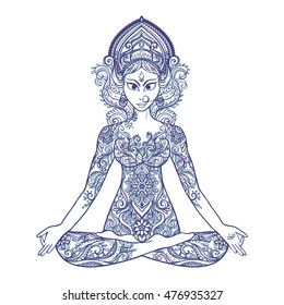 Ornament Beautiful Card With Vector Yoga Girl. Geometric Element Hand Drawn. Balance Karma. Navratri Festival. Kaleidoscope,  Medallion, Yoga, India, Arabic,  Harmony