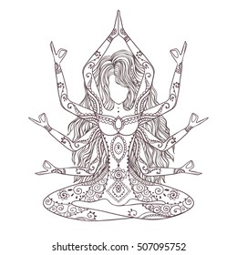 Ornament Beautiful Card With Vector Yoga. Geometric Element Hand Drawn. Balance Karma Medallion Yoga India Arabic Harmony Spiritual, Mental And Physical Practices In The Areas Of Hinduism And Buddhism