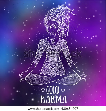 Ornament beautiful card with Vector yoga. Geometric element hand drawn. Kaleidoscope,  medallion, yoga, india, arabic, peace, love
