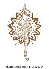 Ornament beautiful card with yoga man. Geometric element hand drawn. Vector illustration for design for logo, banner flyers. Medallion, yoga, india, arabic. Stay calm in stressful situations. Breathe