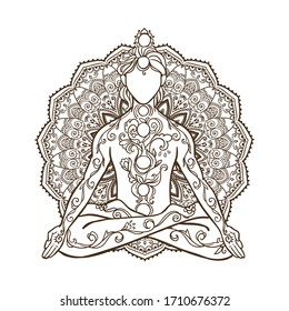 Ornament beautiful card with yoga man. Geometric element hand drawn. Vector illustration for design for logo, banner flyers. Medallion, yoga, india, arabic. Stay calm in stressful situations. Breathe