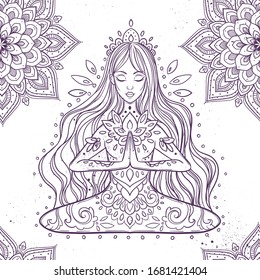 Ornament beautiful girl in a yoga pose. Lotus meditation. Vector illustration on ethnic style. International yoga day card. Fitness Concept.