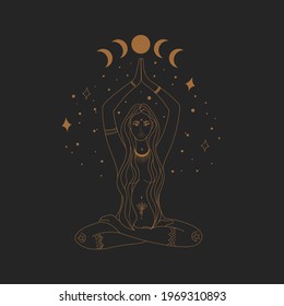 Ornament beautiful girl in a yoga pose. Lotus meditation. Symbol of secret knowledge, harmony of soul and body, wisdom, religion. Flat vector illustration. International yoga day card.