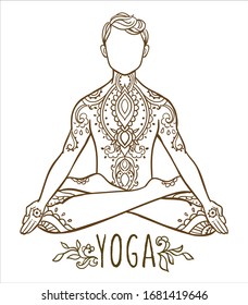 Ornament beautiful man in a yoga pose. Lotus meditation. Vector illustration on ethnic style. International yoga day card. Fitness Concept.