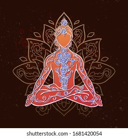 Ornament beautiful man in a yoga pose. Lotus meditation. Vector illustration on ethnic style. International yoga day card. Fitness Concept.