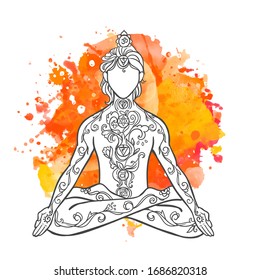 Ornament beautiful man in a yoga pose. Lotus meditation. Vector illustration on ethnic style. International yoga day card. Fitness Concept.