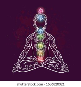 Ornament beautiful man in a yoga pose. Lotus meditation. Vector illustration on ethnic style. International yoga day card. Fitness Concept.