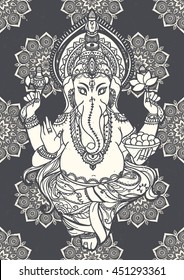 Ornament beautiful pattern with lord Ganesh image. God with elephant head. Illustration of Happy Ganesh Chaturthi. Invitation, greeting, birthday, holiday card. Indian traditional festival 