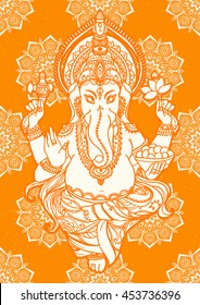 Ornament beautiful pattern with lord Ganesh image. God with elephant head. Illustration of Happy Chaturthi. Invitation, greeting, birthday, holiday card. Indian traditional festival 
