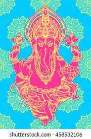 Ornament beautiful pattern with lord Ganesh image. God with elephant head. Illustration of Happy Chaturthi. Invitation, greeting, birthday, holiday card. Indian traditional festival 