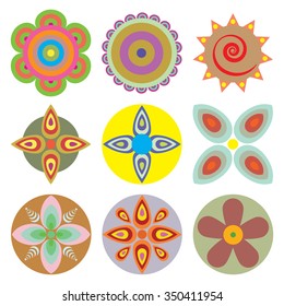 Ornament beautiful set of flowers like chakras for yoga. Geometric elements, hand drawn. Elements for spiritual compositions and patterns, small mandalas, kaleidoscope, medallion.