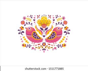 Ornament with birds, hearts, and flowers in Scandinavian style. Love concept. Vector illustration. Swedish, Danish or Norwegian motives. Use for Valentine's Day greeting card, poster, print