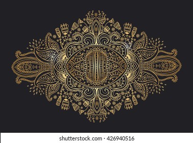 Ornament black gold card with mandala. Geometric circle element made in vector.  Tribal, Boho, Bohemian style. kaleidoscope,  medallion, yoga, india, arabic