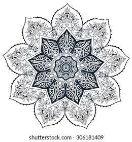 Ornament black white card with mandala. Geometric circle element made in vector. Perfect  cards for any other kind of design, birthday and other holiday, kaleidoscope,  medallion, yoga, india, arabic