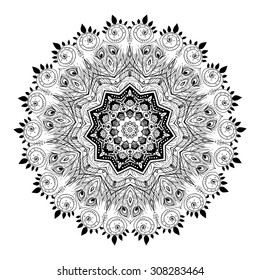 Ornament black white card with mandala. Geometric circle element made in vector. Perfect  cards for any other kind of design, birthday and other holiday, kaleidoscope,  medallion, yoga, india, arabic