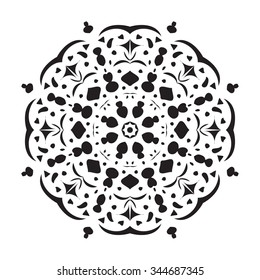 Ornament black white card with mandala. Geometric circle element made in vector. Perfect cards for any other kind of design, birthday and other holiday, kaleidoscope, medallion, yoga, india, arabic