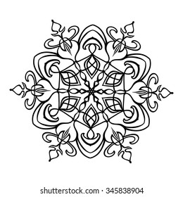 Ornament black white card with mandala. Geometric snow element made in vector. 