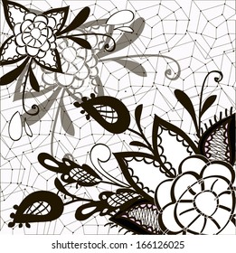Ornament black and white with decorative elements of flowers, leaves, web, lace