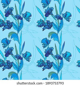 Ornament with blue flowers and plants, stylized drawing, for printing on fabric or paper.