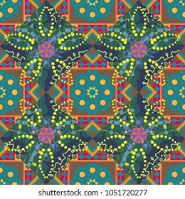 Ornament in blue, green and brown colors. Abstract colorful seamless pattern. Indian, Arabic, Turkish motifs for printing on fabric or paper. Vector vintage decorative elements.