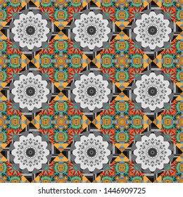 Ornament in blue, orange and gray colors. Indian, Arabic, Turkish motifs for printing on fabric or paper. Abstract colorful seamless pattern. Vector vintage decorative elements.