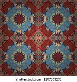 Ornament in blue, red and beige colors. Abstract colorful seamless pattern. Vector vintage decorative elements. Indian, Arabic, Turkish motifs for printing on fabric or paper.