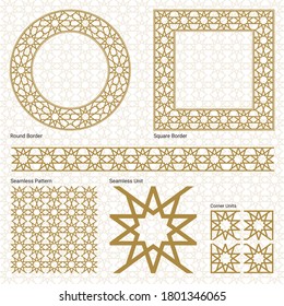 Ornament border, square frame, circle frame and a seamless Oriental pattern ( Vector gold Arabian, Islamic, and Geometric pattern style with seamless border).