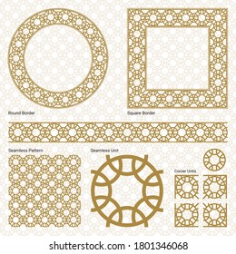 Ornament border, square frame, circle frame and a seamless Oriental pattern ( Vector gold Arabian, Islamic, and Geometric pattern style with seamless border).