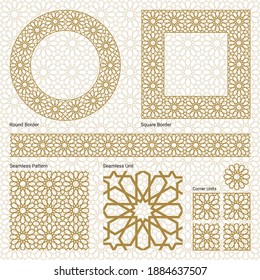 Ornament Border, Square Frame, Circle Frame And A Seamless Oriental Arabesque Pattern ( Vector Gold Arabian, Islamic, And Geometric Pattern Style With Seamless Border).