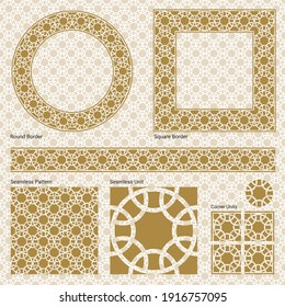 Ornament border, square frame, circle frame and a seamless Oriental pattern ( Vector gold Arabian, Islamic, and Geometric pattern style with seamless border).
