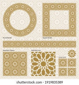 Ornament Border, Square Frame, Circle Frame And A Seamless Oriental Arabesque Pattern ( Vector Gold Arabian, Islamic, And Geometric Pattern Style With Seamless Border).