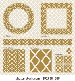 Ornament border, square frame, circle frame and a seamless Oriental geometrical pattern ( Vector gold Arabian, Islamic, and Geometric pattern style with seamless border).