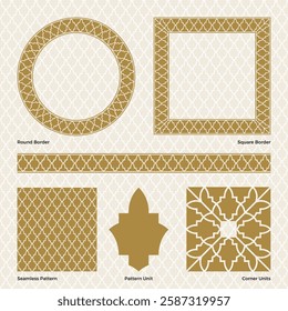 Ornament border, square frame, circle frame and a seamless geometric pattern (Vector gold oriental pattern and borders set inspired by Arabian architecture).