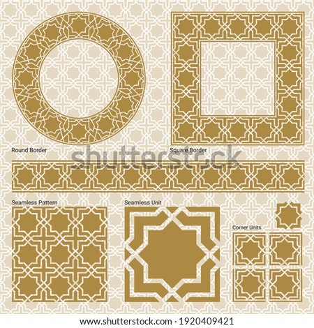 Ornament border, square frame, circle frame and a seamless Oriental octagram pattern ( Vector gold Arabian, Islamic, and Geometric pattern style with seamless border).