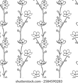 Ornament branches with flowers and buds, seamless pattern of spring mood and vibe. Contour stylized drawn twigs of cherry blossoms and apple and apricot trees.