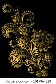 Ornament with branching elements. Vector floral decor on black background. Pattern with lace elements