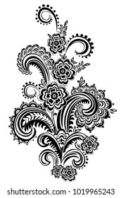 Ornament with branching elements. Vector floral decor on white background. Contour pattern with lace elements