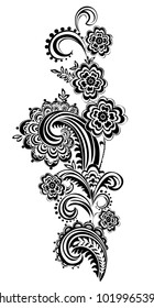 Ornament with branching elements. Vector floral decor on white background. Contour pattern with lace elements