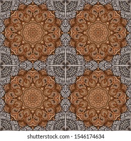 Ornament of bronze-copper shades. Seamless texture. Centrally symmetrical pattern.