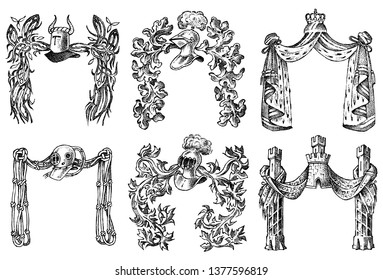 Ornament with calligraphic elements in baroque style. Medieval vintage heraldry. Flourishing Decoration for the coats of arms of a fantasy kingdom. Vector sketch hand drawn.