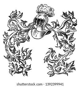 Ornament with calligraphic elements in baroque style. Medieval vintage heraldry. Flourishing Decoration for the coats of arms of a fantasy kingdom. Vector sketch hand drawn.