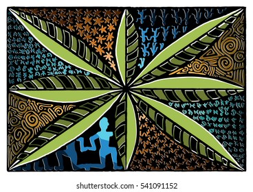 Ornament cannabis with stylized ethnic backgrounds. Vector bright coloured leaf with different set of backgrounds. Detailed and stylish hand drawn illustration.