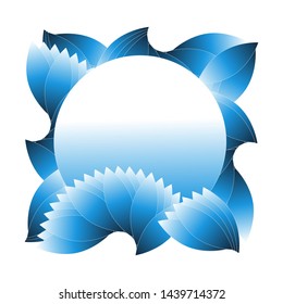ornament card background with circle frame and leaves in blue white shades