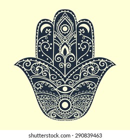 Ornament card with hamsa. Geometric circle element made in vector. Perfect  cards for any other kind of design, birthday and other holiday, kaleidoscope,  medallion, yoga, india, arabic