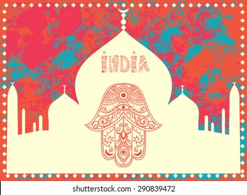 Ornament card with hamsa. Geometric circle element made in vector. Perfect  cards for any other kind of design, birthday and other holiday, kaleidoscope,  medallion, yoga, india, arabic