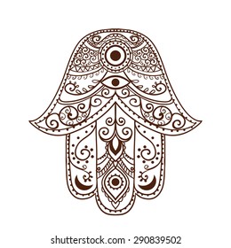 Ornament card with hamsa. Geometric circle element made in vector. Perfect  cards for any other kind of design, birthday and other holiday, kaleidoscope,  medallion, yoga, india, arabic