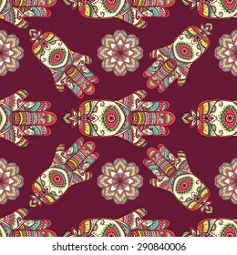 Ornament card with hamsa. Geometric circle element made in vector. Perfect  cards for any other kind of design, birthday and other holiday, kaleidoscope,  medallion, yoga, india, arabic