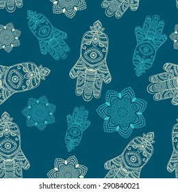 Ornament card with hamsa. Geometric circle element made in vector. Perfect  cards for any other kind of design, birthday and other holiday, kaleidoscope,  medallion, yoga, india, arabic